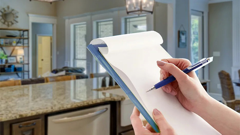 Image of person's hands writing on a paper inside of house